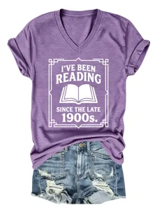 Women vintage reading graphic short sleeve V-neck purple casual t-shirt for daily wear stylish top