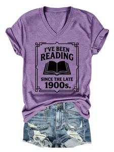 Purple V-neck short sleeve T-shirt with book reading graphic for women fashion daily wear.