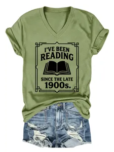 Green V-neck short sleeve t-shirt with funny reading graphic print for women casual daily wear.