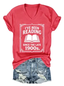 Women's V-Neck Short Sleeve Casual T-Shirt Funny Reading Graphic Tee Shirt Tops Tee