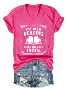 Casual women graphic V-neck short sleeve T-shirt with reading quote print, stylish cotton top.