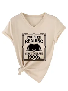 Beige V-neck women's short sleeve t-shirt featuring a vintage reading graphic print and knot hem.