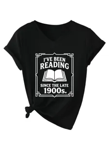 Women V-neck short sleeve T-shirt with funny book reading print, casual black top.