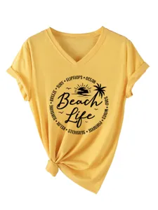 Women casual V-neck short sleeve yellow t-shirt with beach life graphic and knotted hem.