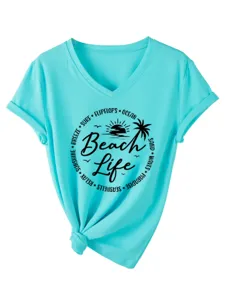 Women casual V-neck short sleeve turquoise t-shirt with beach life graphic and knot hem.