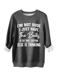 Felpa in pile grigio scuro da donna, top casual a maniche lunghe con slogan divertente.