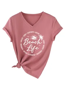 Casual women v-neck short sleeve t-shirt with beach life print and stylish knot hem top