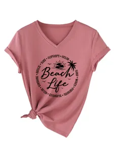 Women casual V-neck short sleeve T-shirt with beach life graphic and chic knot hem.