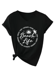 Casual Women V-Neck Short Sleeve T-Shirt Summer Beach Life Print Tee Top Black Fashion