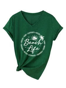 Green V-neck short sleeve women's t-shirt with beach life graphic and knot hem detail.