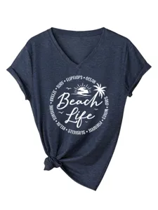 Women's Navy Blue V-Neck Short Sleeve T-Shirt Casual Beach Life Graphic Tee With Knot