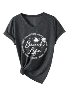Grey V-neck short sleeve T-shirt detail showing beach life graphic and knotted hem.