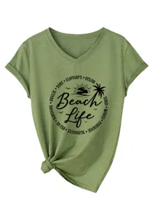 Women's army green V-neck short sleeve t-shirt with beach life graphic and knot hem design.