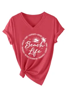 Women's casual V-neck short sleeve t-shirt with beach life print and knot detail.
