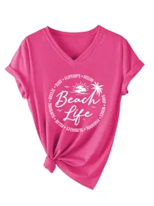 Women pink v-neck short sleeve t-shirt beach life graphic casual summer top shirt
