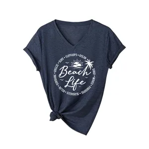 Women casual V-neck short sleeve T-shirt with beach life graphic, navy heather style.