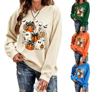 Damen Halloween Geist Kürbis Print Langarm Sweatshirt Freizeit Rundhals Pullover Oberteil
