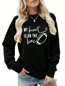 Felpa nera da donna casual a maniche lunghe con stampa football, abbigliamento comodo.