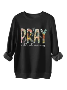 Felpa donna nera manica lunga con stampa floreale pray without ceasing pullover caldo