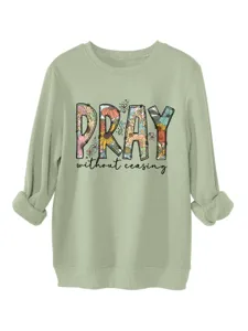 Felpa da donna verde salvia a maniche lunghe con stampa floreale grafica pullover casual