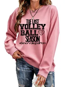 Damen Rosa Langarm Volleyball Buchstabe Druck Rundhalsausschnitt Sweatshirt Lässig Pullover