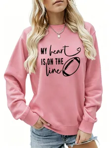 Felpa rosa casual da donna a maniche lunghe con stampa di football e grafica con lettere.