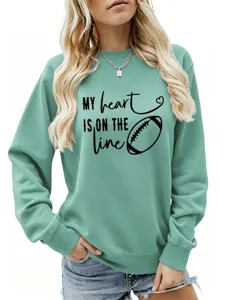 Felpa casual da donna a manica lunga verde menta con stampa grafica di football.