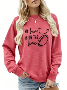 Donna casual manica lunga felpa girocollo con grafica da football americano rosso streetwear