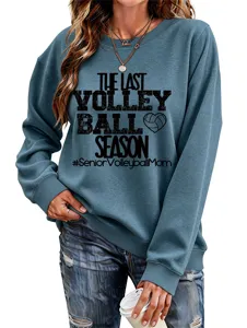 Damen blaugrauer Langarm Sweatshirt mit Volleyball Motiv bedruckt lässiger Pullover Detail