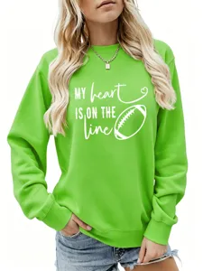 Felpa da donna casual verde brillante a maniche lunghe con grafica da football e scritta.