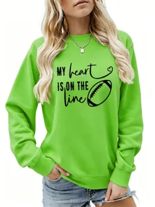 Felpa verde casual da donna a maniche lunghe con scollo rotondo e stampa grafica football