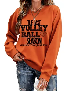 Damen Langarm Sweatshirt Rundhals Freizeit Oranger Pullover mit Volleyball Buchstaben Druck