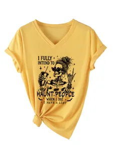 Vrouwen gele V-hals korte mouw grafisch t-shirt met skeleton print casual top kleding.