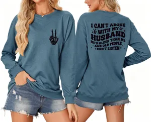 Casual women's blue crewneck sweatshirt featuring funny text print and relaxed fit style.