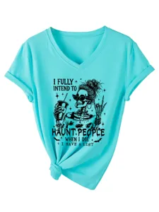 Turquoise V-hals t-shirt detail met grappige skelet grafische print en opgerolde boorden.