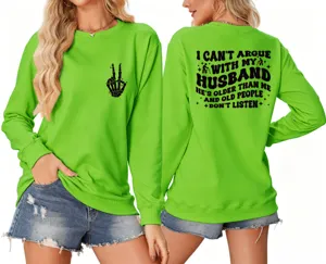 Women casual long sleeve fluorescent green sweatshirt with fun front and back letter print.