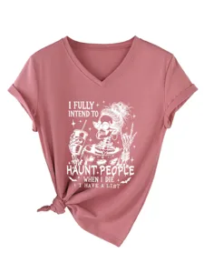 Dames v-hals korte mouw grafisch t-shirt casual grappige skeleton print top mode