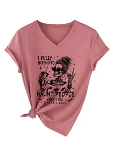 Casual dames V-hals korte mouw t-shirt met grafische print en modieus stijlontwerp.
