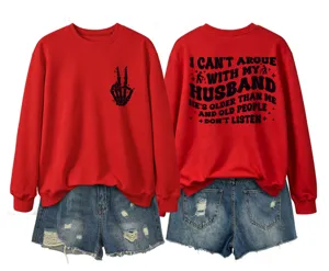 Women casual red crewneck sweatshirt featuring skeleton hand and funny back letter print.