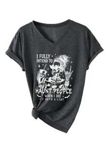 Dames V-Hals Korte Mouw Casual T-Shirt Grappige Skeleton Grafisch Zomer Top Grijs Nieuw