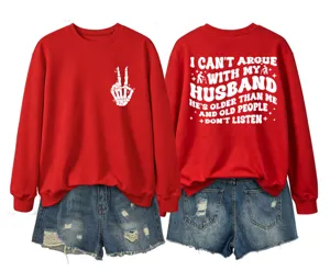 Red graphic sweatshirt with funny quote print and denim shorts casual women clothing set.