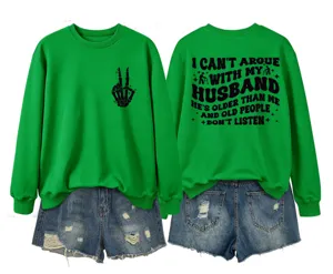 Green casual long sleeve sweatshirt with funny text print and denim shorts set for women.