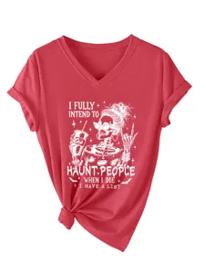 Dames rood v-hals korte mouw grafisch t-shirt met grappige skeleton print casual top