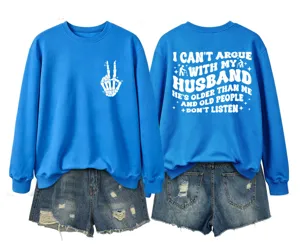 Women's casual crewneck long sleeve sweatshirt with funny back slogan print blue top fashion.