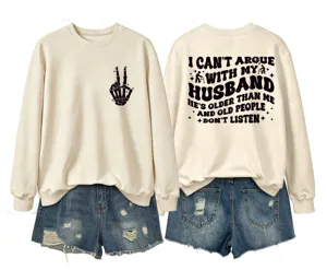 Women's casual long sleeve crewneck sweatshirt and denim shorts set with funny back print.