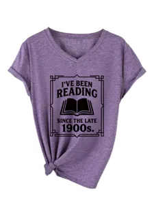 Casual purple v-neck short sleeve t-shirt with cute reading graphic and tied hem design.
