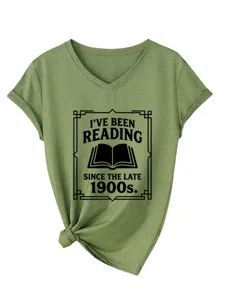 Women's green V-neck short sleeve graphic tee with reading quote and stylish side knot design.