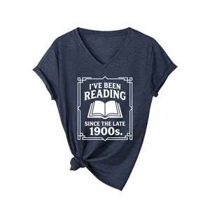 Dark blue V-neck short sleeve women's t-shirt with book reading graphic and knot front.