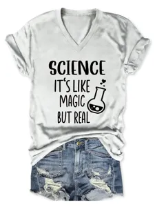 Dames V-hals korte mouw T-shirt casual wetenschap grafische top stijlvolle zomerse blouse