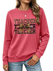 Mujer elegante sudadera manga larga cuello redondo con estampado leopardo profesor casual top